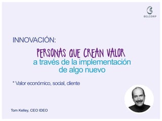 Tom Kelley, CEO IDEO 
INNOVACIÓN: a través de la implementación de algo nuevo * Valor económico, social, cliente  