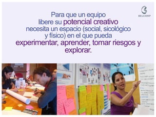 Para que un equipo libere su potencial creativo necesita un espacio (social, sicológico y físico) en el que pueda experimentar, aprender, tomar riesgos y explorar.  