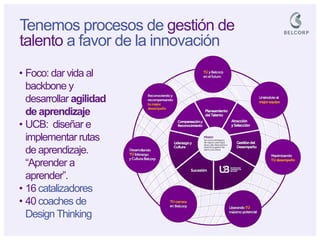 Tenemos procesos de gestión de talento a favor de la innovación 
•Foco: dar vida al backbone y desarrollar agilidad de aprendizaje 
•UCB: diseñar e implementar rutas de aprendizaje. “Aprender a aprender”. 
•16 catalizadores 
•40 coaches de Design Thinking  