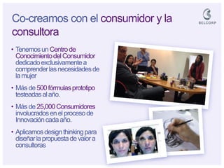 •Tenemos un Centro de Conocimiento del Consumidor dedicado exclusivamente a comprender las necesidades de la mujer 
•Más de 500 fórmulas prototipo testeadas al año. 
•Más de 25,000 Consumidores involucrados en el proceso de Innovación cada año. 
•Aplicamos design thinking para diseñar la propuesta de valor a consultoras 
Co-creamos con el consumidor y la consultora  