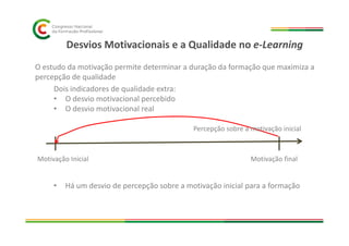 Desvios Motivacionais e a Qualidade no e-Learning
Dois indicadores de qualidade extra:
• O desvio motivacional percebido
• O desvio motivacional real
O estudo da motivação permite determinar a duração da formação que maximiza a
percepção de qualidade
• Há um desvio de percepção sobre a motivação inicial para a formação
Motivação Inicial Motivação final
Percepção sobre a motivação inicial
 