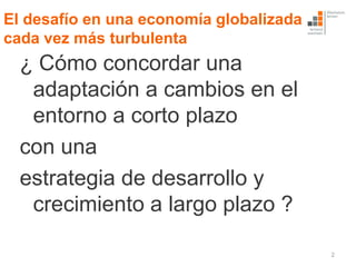 El desafío en una economía globalizada
cada vez más turbulenta
  ¿ Cómo concordar una
   adaptación a cambios en el
   entorno a corto plazo
  con una
  estrategia de desarrollo y
   crecimiento a largo plazo ?

                                         2
 