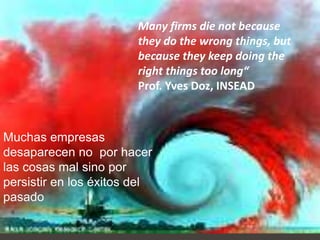 Many firms die not because
                        they do the wrong things, but
                        because they keep doing the
                        right things too long“
                        Prof. Yves Doz, INSEAD



Muchas empresas
desaparecen no por hacer
las cosas mal sino por
persistir en los éxitos del
pasado

                                                        3
 
