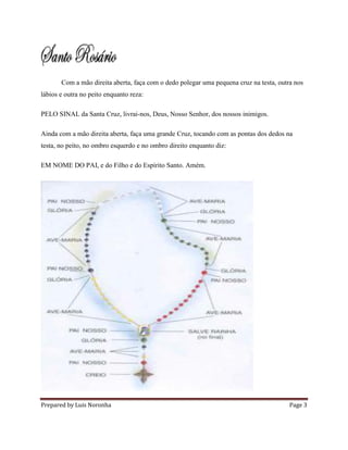 Prepared by Luis Noronha Page 3
Com a mão direita aberta, faça com o dedo polegar uma pequena cruz na testa, outra nos
lábios e outra no peito enquanto reza:
PELO SINAL da Santa Cruz, livrai-nos, Deus, Nosso Senhor, dos nossos inimigos.
Ainda com a mão direita aberta, faça uma grande Cruz, tocando com as pontas dos dedos na
testa, no peito, no ombro esquerdo e no ombro direito enquanto diz:
EM NOME DO PAI, e do Filho e do Espírito Santo. Amém.
 