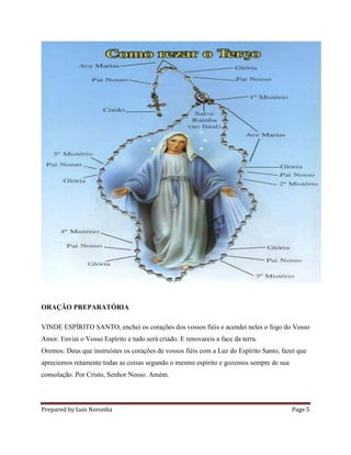 Prepared by Luis Noronha Page 5
ORAÇÃO PREPARATÓRIA
VINDE ESPÍRITO SANTO, enchei os corações dos vossos fiéis e acendei neles o fogo do Vosso
Amor. Enviai o Vosso Espírito e tudo será criado. E renovareis a face da terra.
Oremos: Deus que instruístes os corações de vossos fiéis com a Luz do Espírito Santo, fazei que
apreciemos retamente todas as coisas segundo o mesmo espírito e gozemos sempre de sua
consolação. Por Cristo, Senhor Nosso. Amém.
 