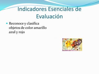 Indicadores Esenciales de EvaluaciónReconoce y clasifica objetos de color amarillo azul y rojo