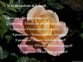 Si te devuelven el E-mail : 1 persona - Te encuentras solo 2 personas -Tienes un par de amigos,  3 personas-Tienes pocos amigos... 4 personas - Tienes algunos amigos... 5 personas -Tienes varios amigos!! 6 personas -!!Tienes muchos amigos!! 7 personas -!!Eres muy querido!! 
