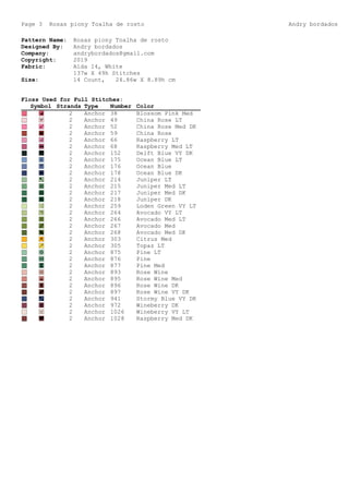 Page 3 Rosas piony Toalha de rosto Andry bordados
Pattern Name: Rosas piony Toalha de rosto
Designed By: Andry bordados
Company: andrybordados@gmail.com
Copyright: 2019
Fabric: Aida 14, White
137w X 49h Stitches
Size: 14 Count, 24.86w X 8.89h cm
Floss Used for Full Stitches:
Symbol Strands Type Number Color
U 2 Anchor 38 Blossom Pink Med
Y 2 Anchor 49 China Rose LT
Š 2 Anchor 52 China Rose Med DK
¿ 2 Anchor 59 China Rose
˜ 2 Anchor 66 Raspberry LT
› 2 Anchor 68 Raspberry Med LT
f 2 Anchor 152 Delft Blue VY DK
“ 2 Anchor 175 Ocean Blue LT
T 2 Anchor 176 Ocean Blue
_ 2 Anchor 178 Ocean Blue DK
© 2 Anchor 214 Juniper LT
² 2 Anchor 215 Juniper Med LT
¯ 2 Anchor 217 Juniper Med DK
? 2 Anchor 218 Juniper DK
Þ 2 Anchor 259 Loden Green VY LT
œ 2 Anchor 264 Avocado VY LT
Q 2 Anchor 266 Avocado Med LT
V 2 Anchor 267 Avocado Med
™ 2 Anchor 268 Avocado Med DK
¥ 2 Anchor 303 Citrus Med
¨ 2 Anchor 305 Topaz LT
y 2 Anchor 875 Pine LT
E 2 Anchor 876 Pine
K 2 Anchor 877 Pine Med
¬ 2 Anchor 893 Rose Wine
° 2 Anchor 895 Rose Wine Med
| 2 Anchor 896 Rose Wine DK
k 2 Anchor 897 Rose Wine VY DK
Ÿ 2 Anchor 941 Stormy Blue VY DK
Œ 2 Anchor 972 Wineberry DK
v 2 Anchor 1026 Wineberry VY LT
W 2 Anchor 1028 Raspberry Med DK
 