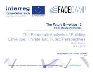 The Future Envelope 12
It’s all about performances
The Economic Analysis of Building
Envelope: Private and Public Perspectives
Paolo Rosato
DIA -UNITS
www.interreg.net
FACEcamp final event | Bolzano, 20-21 May
2019
FACEcamp is funded by European Regional Development Fund and Interreg V-A Italy-Austria 2014-2020.
 