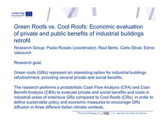 Green Roofs vs. Cool Roofs: Economic evaluation
of private and public benefits of industrial buildings
retrofit
The Future...