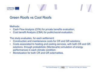 Green Roofs vs Cool Roofs
The Future Envelope 12 final event 20-21 May 2019, Bolzano
Methods:
• Cash Flow Analysis (CFA) f...