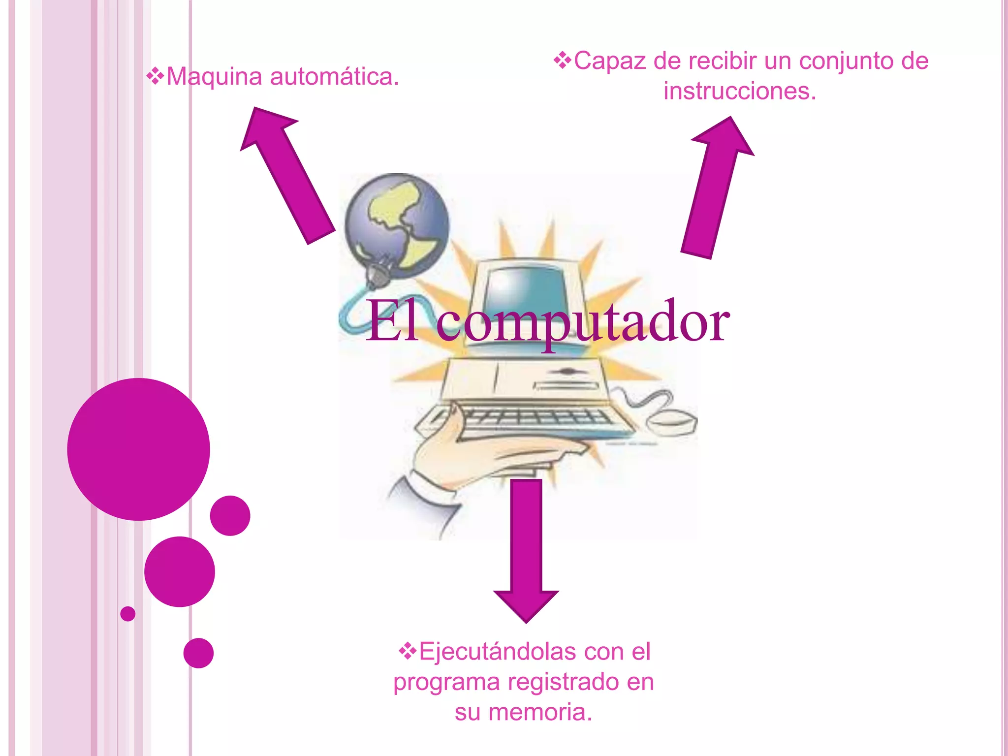 El computador
Capaz de recibir un conjunto de
instrucciones.
Maquina automática.
Ejecutándolas con el
programa registrado en
su memoria.
 