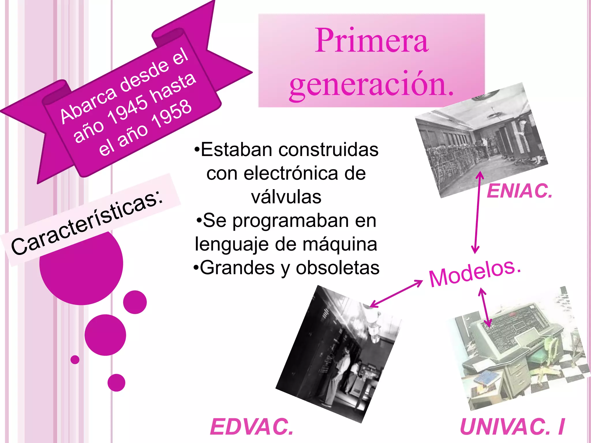 Primera
generación.
•Estaban construidas
con electrónica de
válvulas
•Se programaban en
lenguaje de máquina
•Grandes y obsoletas
ENIAC.
EDVAC. UNIVAC. I
 