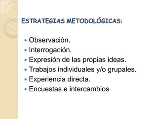 ESTRATEGIAS METODOLÓGICAS: Observación. Interrogación. Expresión de las propias ideas. Trabajos individuales y/o grupales. Experiencia directa. Encuestas e intercambios