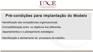Pré-condições para implantação do Modelo
•Identificação das competências organizacionais
•Compatibilização entre os objetivos dos diferentes
departamentos e o planejamento estratégico
•Identificação e alinhamento de processos de trabalho.
 