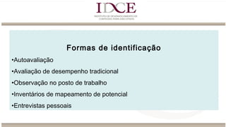 Formas de identificação
•Autoavaliação
•Avaliação de desempenho tradicional
•Observação no posto de trabalho
•Inventários de mapeamento de potencial
•Entrevistas pessoais
 