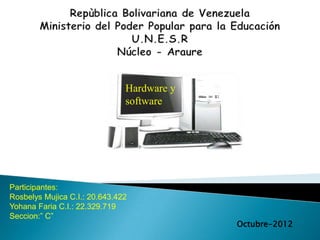 Hardware y
                               software




Participantes:
Rosbelys Mujica C.I.: 20.643.422
Yohana Faria C.I.: 22.329.719
Seccion:” C”
                                            Octubre-2012
 