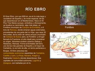 RÍO EBRO
El Gran Ebro, con sus 928 km, es el río más largo y
caudaloso de España y, de modo especial, de los
que desembocan en el Mediterráneo. Nace en El
Pico Tres Mares aunque, simbólica y oficiosamente,
se localice su nacimiento, algo más abajo, en
Fontibre (municipio de Campoo de Enmedio), a 6         Fontibre
kms de Reinosa, donde emanan aguas soterradas,
procedentes de una parte del río Híjar, que nace 20
kms antes, de la unión de varios arroyos (municipio
de Campoo de Suso); pero, es Fontibre -y el lugar
llamado la Fuentona- el sitio ideall para considerar
su origen. Atraviesa núcleos urbanos (Salces y
Nestares), Reinosa. Forma el Embalse del Ebro,
uno de los más grandes de España y el mayor de
Cantabria, no es todo de ella, un tercio pertenece a
Burgos. El Ebro atraviesa las
comunidades autónomas españolas de Cantabria,
Castilla y León, La Rioja, Navarra, Aragón y
finalmente Cataluña (donde desemboca). Dos
capitales de comunidad autónoma, Logroño y
Zaragoza, son bañadas por el río.
 