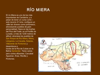 RÍO MIERA
El río Miera es uno de los más
importantes de Cantabria; y a
pesar de tener un curso corto –
solo recorre 41 kms- configura un
valle tan diverso como pintoresco,
atravesando pueblos de gran
personalidad. Nace en las brañas
del Pico del Fraile, en el Portillo de
Lunada, a más de 1230 metros de
altitud, atraviesa los pueblos de
San Roque de Río Miera, Miera,
Liérganes, La Cavada, Solares,
Villaverde de Pontones y
desemboca a
través de la Ría de Cubas en la
Bahía Santander. Tiene varios
pero cortos afluentes: Carcabal
Aguanaz, Ánaz, Revilla y
Pontones.
 