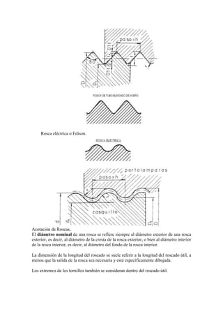 Rosca eléctrica o Edison.




Acotación de Roscas,
El diámetro nominal de una rosca se refiere siempre al diámetro exterior de una rosca
exterior, es decir, al diámetro de la cresta de la rosca exterior, o bien al diámetro interior
de la rosca interior, es decir, al diámetro del fondo de la rosca interior.

La dimensión de la longitud del roscado se suele referir a la longitud del roscado útil, a
menos que la salida de la rosca sea necesaria y esté específicamente dibujada.

Los extremos de los tornillos también se consideran dentro del roscado útil.
 