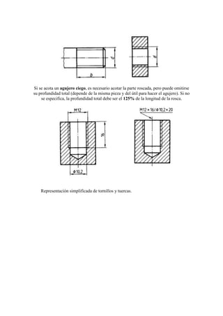 Si se acota un agujero ciego, es necesario acotar la parte roscada, pero puede omitirse
su profundidad total (depende de la misma pieza y del útil para hacer el agujero). Si no
    se especifica, la profundidad total debe ser el 125% de la longitud de la rosca.




    Representación simplificada de tornillos y tuercas.
 