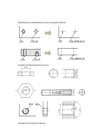 Representación simplificada de roscas de pequeño diámetro.




Ejemplos de Representación de roscas.




Ejemplos de Acotación de Roscas.
 