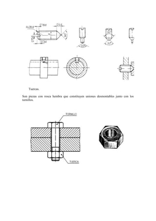 Tuercas.

Son piezas con rosca hembra que constituyen uniones desmontables junto con los
tornillos.
 