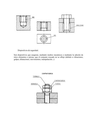 Dispositivos de seguridad.

Son dispositivos que aseguran, mediante medios mecánicos o mediante la adición de
otros elementos o piezas, que el conjunto roscado no se afloje (debido a vibraciones,
golpes, dilataciones, movimientos, manipulación...).
 