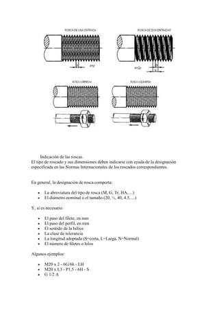 Indicación de las roscas.
El tipo de roscado y sus dimensiones deben indicarse con ayuda de la designación
especificada en las Normas Internacionales de los roscados correspondientes.


En general, la designación de rosca comporta:

       La abreviatura del tipo de rosca (M, G, Tr, HA, ...)
       El diámetro nominal o el tamaño (20, ½, 40, 4.5, ...)

Y, si es necesario:

       El paso del filete, en mm
       El paso del perfil, en mm
       El sentido de la hélice
       La clase de tolerancia
       La longitud adoptada (S=corta, L=Larga, N=Normal)
       El número de filetes o hilos

Algunos ejemplos:

       M20 x 2 - 6G/6h - LH
       M20 x L3 - P1,5 - 6H - S
       G 1/2 A
 