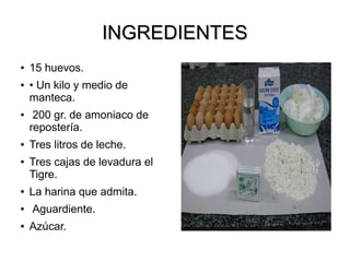 INGREDIENTESINGREDIENTES
● 15 huevos.
● • Un kilo y medio de
manteca.
● 200 gr. de amoniaco de
repostería.
● Tres litros de leche.
● Tres cajas de levadura el
Tigre.
● La harina que admita.
● Aguardiente.
● Azúcar.