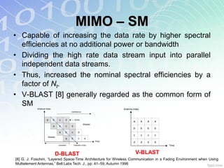 MIMO – SM
• Capable of increasing the data rate by higher spectral
  efficiencies at no additional power or bandwidth
• Dividing the high rate data stream input into parallel
  independent data streams.
• Thus, increased the nominal spectral efficiencies by a
  factor of Nt.
• V-BLAST [8] generally regarded as the common form of
  SM
            Antenna Index                                                  Antenna Index
                                            Interference



                     a      b    c      d        Nulled
                                                                                   a       a   a   a
                                                           Wasted
                            a    b      c   d
                                                                                   b       b   b   b
                                 a      b   c        d
                                                                                   c       c   c   c
                      Wasted
                                        a   b        c      d
                                                                    Time           d       d   d   d
                                Cancelled       Detection Order                                        Time



                                D-BLAST                                                V-BLAST
[8] G. J. Foschini, “Layered Space-Time Architecture for Wireless Communication in a Fading Environment when Using
Multielement Antennas,” Bell Labs Tech. J., pp. 41–59, Autumn 1996
 