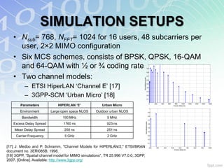 SIMULATION SETUPS
   • Nsub= 768, NFFT= 1024 for 16 users, 48 subcarriers per
     user, 2×2 MIMO configuration
   • Six MCS schemes, consists of BPSK, QPSK, 16-QAM
     and 64-QAM with ½ or ¾ coding rate                                                              0.9
                                                                                                               1



                                                                                                     0.8


   • Two channel models:                                                                             0.7




                                                                               Normalised power
                                                                                                     0.6



          – ETSI HiperLAN „Channel E‟ [17]
                                                                                                     0.5

                                                                                                     0.4

                                                                                                     0.3


          – 3GPP-SCM „Urban Micro‟ [18]                                                              0.2

                                                                                                     0.1



                             HIPERLAN ‘E’
                                                                                                                0        200     400     600      800      1000         1200    1400   1600   1800
       Parameters                                      Urban Micro                                                                               Excess delay (ns)
                                                                                                                   1

       Environment       Large open space NLOS     Outdoor urban NLOS                                          0.9

                                                                                                               0.8
        Bandwidth               100 MHz                   5 MHz
                                                                                                               0.7




                                                                                            Normalised power
   Excess Delay Spread          1760 ns                  923 ns                                                0.6

                                                                                                               0.5
    Mean Delay Spread            250 ns                  251 ns                                                0.4


     Carrier Frequency           5 GHz                    2 GHz                                                0.3

                                                                                                               0.2

                                                                                                               0.1

[17] J. Medbo and P. Schramm, "Channel Models for HIPERLAN/2," ETSI/BRAN                                           200     300     400         500         600         700     800     900    1000
                                                                                                                                                     Excess delay (ns)
document no. 3ERI085B, 1998.
[18] 3GPP, “Spatial channel model for MIMO simulations”, TR 25.996 V7.0.0, 3GPP,
2007. [Online]. Available: http://www.3gpp.org/
 