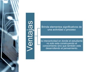Ventajas
Brinda elementos significativos de
una actividad o proceso
la interactividad en donde el estudiante
no solo esta construyendo el
conocimiento sino que también esta
desarrollando el pensamiento.
 