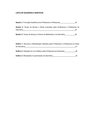 LISTA DE QUADROS E GRÁFICOS




Quadro 1: Formação Acadêmica dos Professores e Professoras__________________24


Quadro 2: Tempo de Serviço e Séries ensinadas pelos Professores e Professoras de
Geometria_____________________________________________________________25


Quadro 3: Tempo de Serviço no Ensino de Matemática e de Geometria____________26




Gráfico 1: Recursos e Metodologias Utilizados pelos Professores e Professoras em Aulas
de Geometria___________________________________________________________27

Gráfico 2: Utilização do Livro Didático pelos Professores de Geometria_____________28

Gráfico 3: Dificuldades no aprendizado de Geometria___________________________30
 