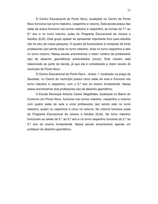 23

      O Centro Educacional de Ponto Novo, localizado no Centro de Ponto
Novo funciona nos turno matutino, vespertino e noturno. Esta escola possui dez
salas de aula,e funciona nos turnos matutino e vespertino, as turmas do 7.º ao
9.º ano e no turno noturno, aulas do Programa Educacional de Jovens e
Adultos (EJA). Este grupo apesar de apresentar importante foco para estudos
não foi alvo de nossa pesquisa. O quadro de funcionários é composto de trinta
professores (as) sendo doze no turno matutino, doze no turno vespertino e seis
no turno noturno. Nessa escola encontramos o maior número de professores
(as) de desenho geométricos entrevistados (cinco). Este número está
relacionado ao porte da escola, já que ela é considerada a maior escola do
município de Ponto Novo.
      O Centro Educacional de Ponto Novo - Anexo 1, localizado na praça da
Saudade, no Centro do município possui cinco salas de aula e funciona nos
turno matutino e vespertino, com o 6.º ano do ensino fundamental. Nesse
anexo encontramos dois professores (as) de desenho geométrico.
      A Escola Municipal Antonio Carlos Magalhães, localizada no Bairro do
Contorno em Ponto Novo, funciona nos turnos matutino, vespertino e noturno
com quatro salas de aula e onze professores (as) sendo sete no turno
matutino, quatro no vespertino e cinco no noturno. No noturno funciona aulas
do Programa Educacional de Jovens e Adultos (EJA). No turno matutino
funcionam as séries de 6.° ao 9.º ano e no turno vespertino funciona do 2.º ao
5.º ano do ensino fundamental. Nessa escola encontramos apenas um
professor de desenho geométrico.
 