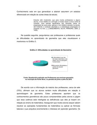 30

Conhecimento este em que generalizar e abstrair assumem um estatuto
diferenciado em relação às outras áreas de estudo.

                     Estudos vêm mostrando, que para muitos professores e alguns
                     alunos, o livro didático é o principal, e muitas vezes a única, fonte de
                     consulta. Uma parcela significativa dos docentes utiliza na
                     preparação de suas aulas, apenas o livro didático adotado na escola,
                     até limitando o conteúdo abordado e a metodologia empregada ao
                     proposto no livro, [...] (NASCIMENTO; SILVA; PINHEIRO, 2009, p.
                     1029).


     Na questão seguinte, perguntamos aos professores e professoras quais
as dificuldades no aprendizado de geometria que eles visualizavam e
mostramos no Gráfico 3.



                Gráfico 3: Dificuldades no aprendizado de Geometria



                                                  A dificuldade é que não
                                                  têm base matematica, não
                                                  sabem nem as operações
                        30%
                                                  fundamentais
                                   70%


                                                  Não sentem dificuldades e
                                                  gostam de estudar
                                                  geometria




        Fonte: Questionário aplicado aos Professores que ensinam geometria
          no município de Ponto Novo, no período de junho e julho de 2010




     De acordo com a informação da maioria dos professores, cerca de sete
(70%), afirmam que os alunos sentem muita dificuldade em relação à
aprendizagem    de    geometria.         Estes   professores         apontam     que      os
conhecimentos geométricos são pouco compreendidos pelos alunos e julgam
que essa carência está interligada as deficiências que eles já trazem em
relação ao ensino de matemática. Asseguram que muitos alunos sequer sabem
resolver as operações fundamentais de matemática ou aplicar as fórmulas
básicas o que prejudica enormemente o interesse em aprender geometria. Os
 