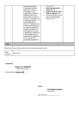 (Pakikipagkaibigan)b.
Pagtanggapng papel o
gampaninsa lipunanc.
Pagtanggapsa mga
pagbabagosa katawanat
paglalapatngtamang
pamamahalasa mga itod.
Pagnanaisat pagtatamong
mapanagutangasal sa
pakikipagkapwa/sa
lipunane.Pagkakaroonng
kakayahangmakagawang
maingatna pagpapasyaf.
Pagkilalangtungkulinsa
bawatgampaninbilang
nagdadalaga/ nagbibinata
1 Natatanggapang mga
pagbabagongnagaganapsa
sarili sapanahonng
pagdadalaga/pagbibinata
Suriin(p.4-5)
5. Gawinang pagyamanin:
Gawain 5 (p. 6)
6. Sagutan ang Gawain 6 at 7
Isaisipat Isagawa(p.7-8)
7. Sautanang Tayahin(p. 8-9)
Gawinang Karagdagang
Gawain(p.10)
Friday
8:00-12:00 Revisitall modulesandcheckif all requiredtasksare done.
3:00
onwards
FamilyTime
Preparedby:
JOGALLY D. QUIMSON
Grade 7-Rose Adviser
Date Submitted:Oct0ber1,2020
Noted:
PETERSON A.OROPA
School Head
Date Checked:___________________
 