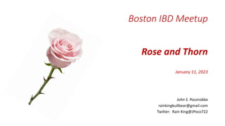 Boston IBD Meetup
Rose and Thorn
January 11, 2023
John S. Pocorobba
rainkingbullbear@gmail.com
Twitter: Rain King@JPoco722
 