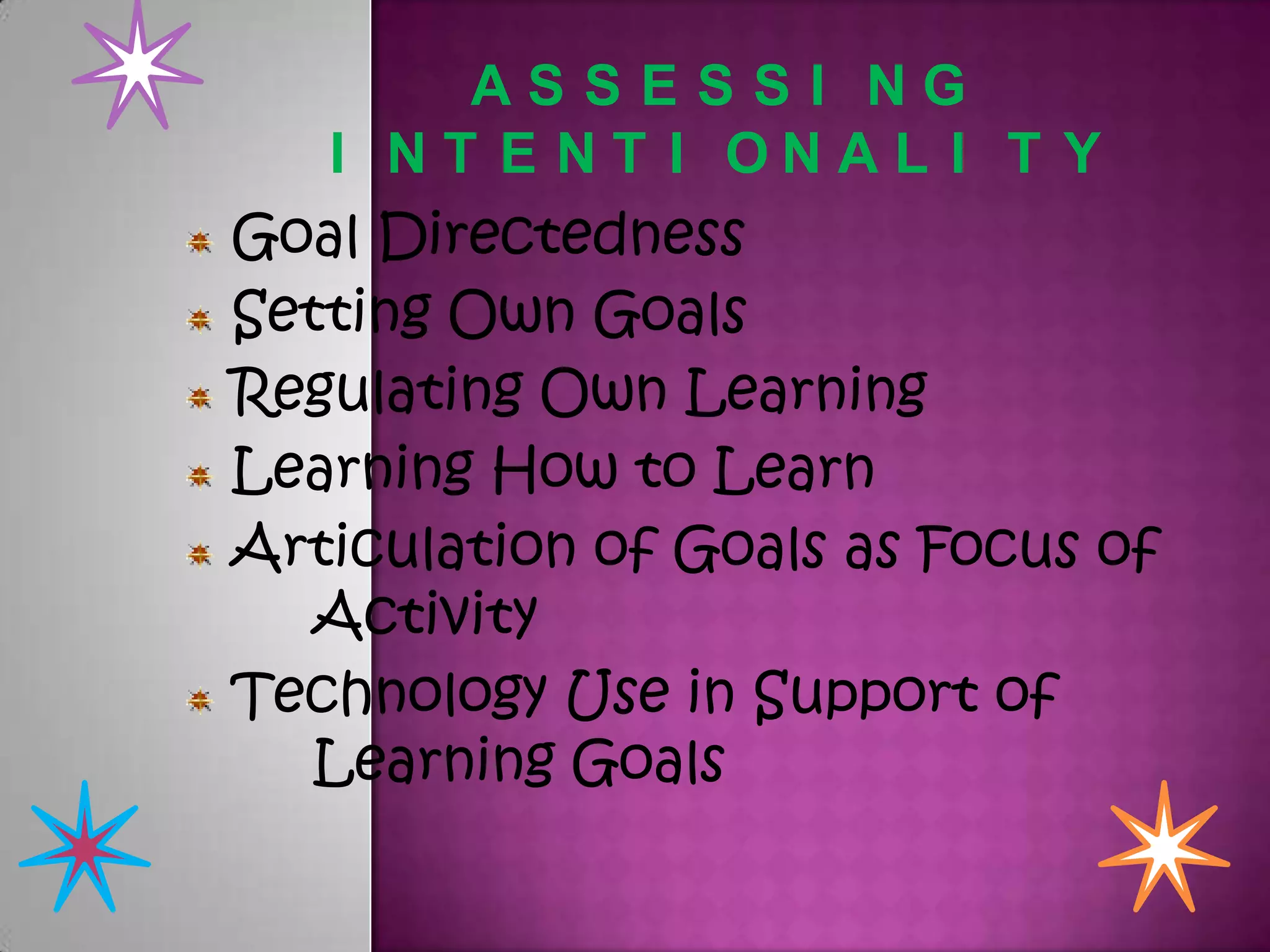 ASSESSI NG
I NT E NT I ONAL I T Y
Goal Directedness
Setting Own Goals
Regulating Own Learning
Learning How to Learn
Articulation of Goals as Focus of
Activity
Technology Use in Support of
Learning Goals

 