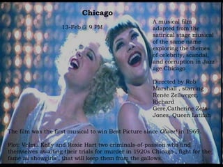 Chicago  13-Feb @ 9 PM A musical film adapted from the satirical stage musical of the same name exploring the themes of ce...