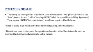 EVACUATION PHASE (E)
 There may be some patients who do not transition from the ‘ebb’ phase of shock to the
‘flow’ phase after the ‘2nd hit’ develop GIPS(Global Increased Permeability Syndrome).
They require LGFR (‘de-resuscitation’) to achieve negative fluid balance:
• Need to avoid over-enthusiastic fluid removal resulting in hypovolaemia
• Diuretics or renal replacement therapy (in combination with albumin) can be used to
mobilise fluids in haemodynamically stable patient.
18
 