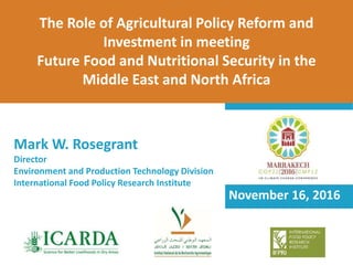 The Role of Agricultural Policy Reform and
Investment in meeting
Future Food and Nutritional Security in the
Middle East and North Africa
November 16, 2016
Mark W. Rosegrant
Director
Environment and Production Technology Division
International Food Policy Research Institute
 