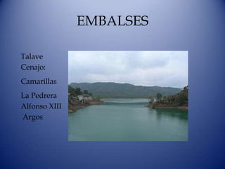EMBALSES

Talave
Cenajo:
Camarillas
La Pedrera
Alfonso XIII
Argos
 