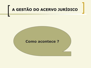 A GESTÃO DO ACERVO JURÍDICO




     Como acontece ?
 