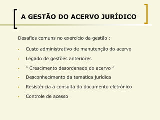 A GESTÃO DO ACERVO JURÍDICO


Desafios comuns no exercício da gestão :

    Custo administrativo de manutenção do acervo

    Legado de gestões anteriores

    “ Crescimento desordenado do acervo ”

    Desconhecimento da temática jurídica

    Resistência a consulta do documento eletrônico

    Controle de acesso
 