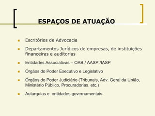 ESPAÇOS DE ATUAÇÃO


   Escritórios de Advocacia

   Departamentos Jurídicos de empresas, de instituições
    financeiras e auditorias
   Entidades Associativas – OAB / AASP /IASP

   Órgãos do Poder Executivo e Legislativo

   Órgãos do Poder Judiciário (Tribunais, Adv. Geral da União,
    Ministério Público, Procuradorias, etc.)

   Autarquias e entidades governamentais
 