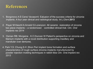 References
1. Borgonovo A E:Censi Vavasorrii: Ealuaion of the success criteria for zirconia
implants. A four year clinical and radiological study. Int.J.Dent.2013
2. Payer M:Heschl A:Arnetzl G:Lorenzoni All ceramic restoration of zirconia
two piece implants – a randomized controlled clinical trial. Clin. Oral
implants res 2014
3. Osman RB; Morgaine , K.C;Duncan W Patient’s perspective on zirconia and
titanium implants with a novel distribution supporting maxillary and
mandiular over dentures.
4. Park Y.S ;Chung,S.H ;Shon Peri implant bone formation and surface
characteristics of rough surface zirconia implants manufactured by
powder injection molding techniques in rabbit tibia Clin. Oral.Implant.res
2013
 