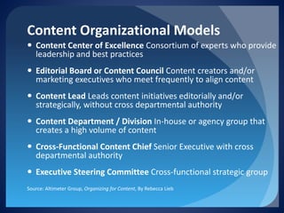 Content Organizational Models 
 
Content Center of Excellence Consortium of experts who provide leadership and best practices 
 
Editorial Board or Content Council Content creators and/or marketing executives who meet frequently to align content 
 
Content Lead Leads content initiatives editorially and/or strategically, without cross departmental authority 
 
Content Department / Division In-house or agency group that creates a high volume of content 
 
Cross-Functional Content Chief Senior Executive with cross departmental authority 
 
Executive Steering Committee Cross-functional strategic group 
Source: Altimeter Group, Organizing for Content, By Rebecca Lieb 
 