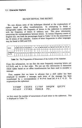 7.1 GharacterCiPhers
193
DO NOT REVEAL THE SECRET.
We now discusssomeof the techniques
directed at the cryptanalysisof
ciphers based on affine transformations. In attempting to break a
monographiccipher, the frequencyof letters in the ciphertextis compared
with the frequency of letters i; ordinary text. This gives information
concerning
the .orr"rpondence
between
letters. In variousfrequency
countsof
Englishtext, onefindi the percentages
listedin Table7.4 fot the occurrence
of
tneZe lettersof the alphabet. Countsof letter frequencies
in otherlanguages
maybefoundin [48] and[52].
Table 7.4. The Frequenciesof Occurrence of the Letters of the Alphabet.
From this information,we seethat the most frequentlyoccurringlettersare
E,T,N,O, and A, in that order. We can use this informationto determine
which cipher basedon an affinetransformationhas beenusedto enciphera
message.
First, supposethat we know in advancethat a shift cipher has been
employedio encipher a message;each letter- of the messagehas been
transformedby ; correspondence
C
- P+k (mod26),0 < C < 25. To
cryptanal
yzetheciPhertext
YFXMP CES PZ C J TDF DPQFW QZCPY
NTAS P CTYRX PDDLR PD ,
we first countthe numberof occurrences
of eachletter in the ciphertext. This
is displayed
in Table?.5.
letter A B c D E F G H I J K L M N o P a R S T U V w X Y z
frequency
(in Vo)
7 I 3 4 l 3 3 2 3 8 < l < l 4 3 8
'l
3 < l 8 6 9 3 I <1 z < l
 