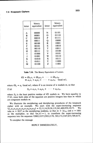 223
letter
binary
equivalent letter
binary
equivalent
A
B
C
D
E
F
G
H
I
J
K
L
M
00000
00001
00010
0001
I
00100
00101
001r0
00111
01000
0100r
01010
01011
0l100
N
o
P
a
R
S
T
U
V
w
X
Y
Z
01101
0lll0
0llll
10000
10001
10010
l00l I
10100
l0l0l
10110
l0l l1
l 1000
11001
7.5 KnapsackCiphers
Table 7.10. The Binary Equivalents of Letters.
wIS: frbp1 * frb2x2I
z a t x l * a 2 x 2 *
' * wbyx7,1
* ayxy (mod m ),
where frbj: a; (mod 22), where w-is an inverseof w modulo m, so that
(7.6) So - afi1 * a2x2l * a1vx1v,
where Ss is the least positive residueof wlS modulo rn. We have equality in
(7.6), sinceboth sidesof the equation are positiveintegersless than m which
are congruentmodulo ltt.
We illustrate the enciphering and deciphering proceduresof the knapsack
cipher with an example. We start with the super-increasing sequence
(a1,a2,a3,Q4,Q5tA6,A7,Qg,Qg,,Ato)
: (2,1I '14'29'58'lI9'24I'480'959'1917)' We
take m: 383? as the encipheringmodulus,so that m ) 2a1s,?fld w : l00l
as the multiplier, so that (m,w):1, to transform the super-increasing
sequence
into the sequence(2002,3337,2503,2170,
503,172,3347,855,709,417).
To encipher the message
REPLY IMMEDIATELY,
 